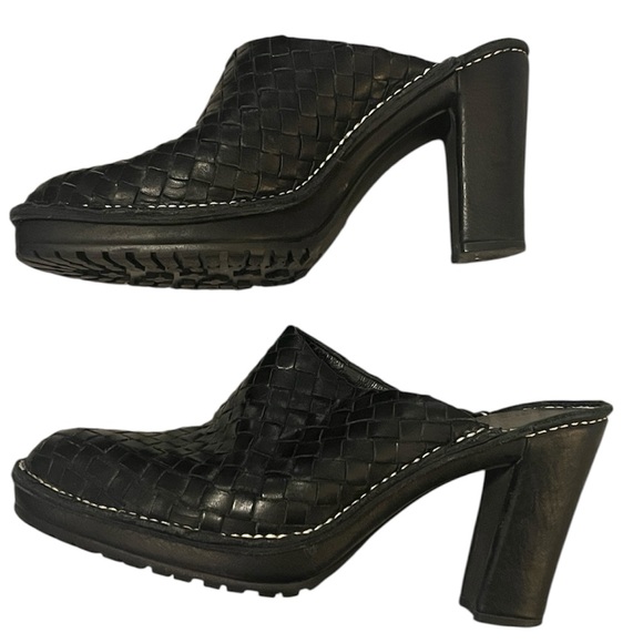 Donald Pliner Black Woven Leather Busy Heeled Platform Mule Clog Bootie Shoes - Picture 2 of 16